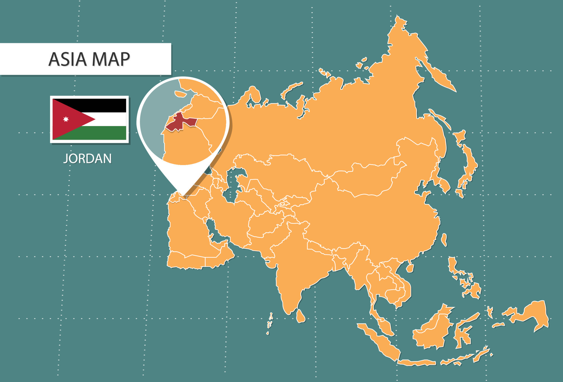Jordan map in Asia zoom version, icons showing Jordan location and