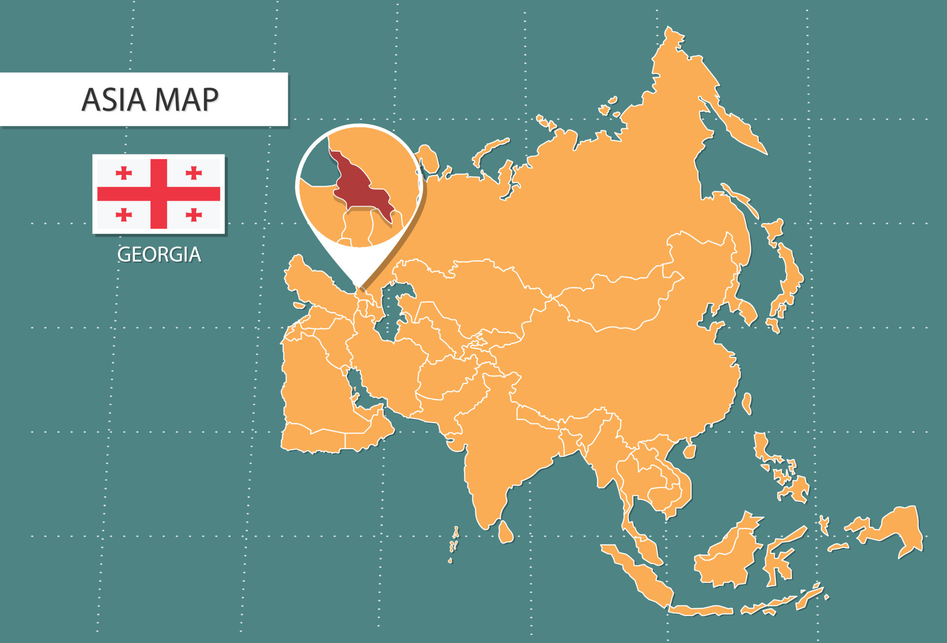 Georgia map in Asia zoom version, icons showing Georgia location and