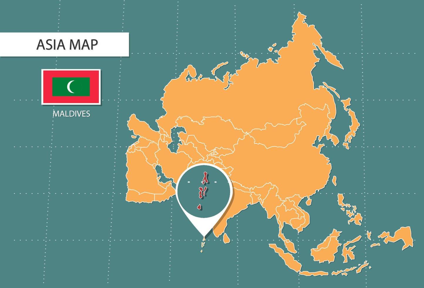 mapa de maldivas en la versión de zoom de asia, iconos que muestran la ubicación y las banderas de maldivas. vector