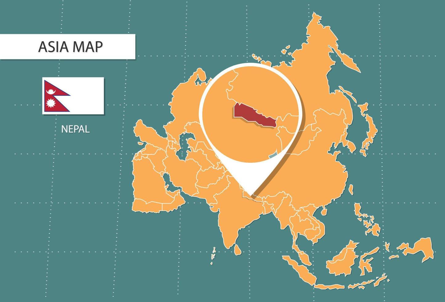 mapa de nepal en la versión de zoom de asia, iconos que muestran la ubicación y las banderas de nepal. vector