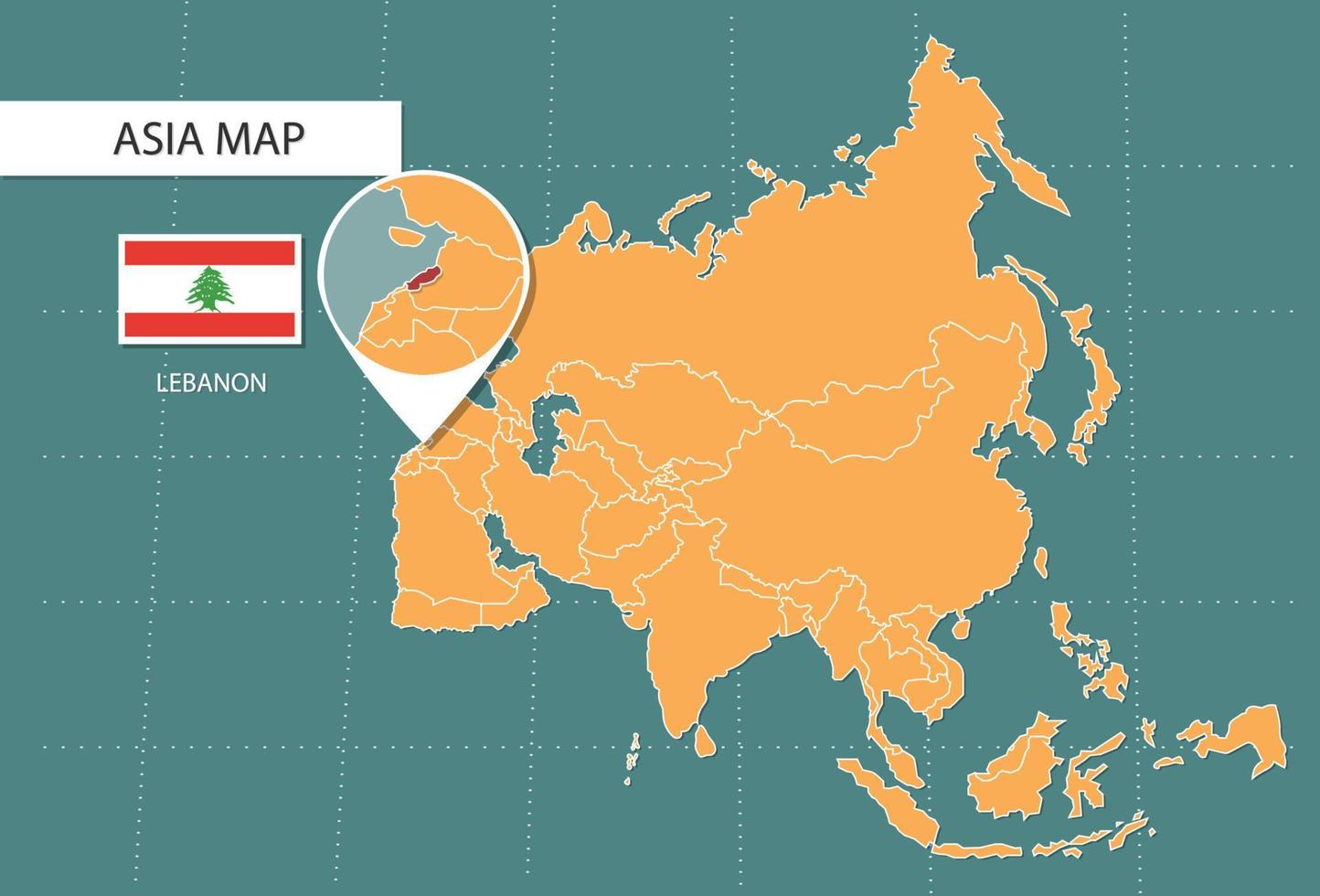 mapa de líbano en la versión de zoom de asia, iconos que muestran la ubicación y las banderas de líbano. vector