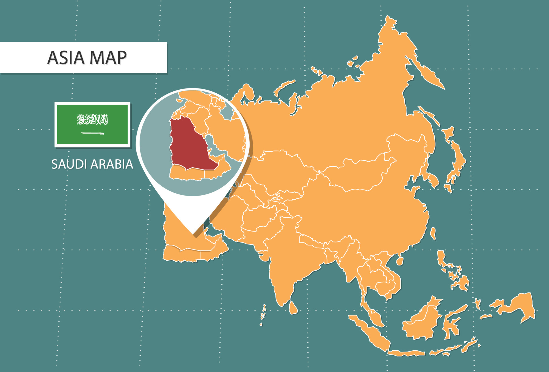 Saudi Arabia map in Asia zoom version, icons showing Saudi Arabia location and flags. 19476140