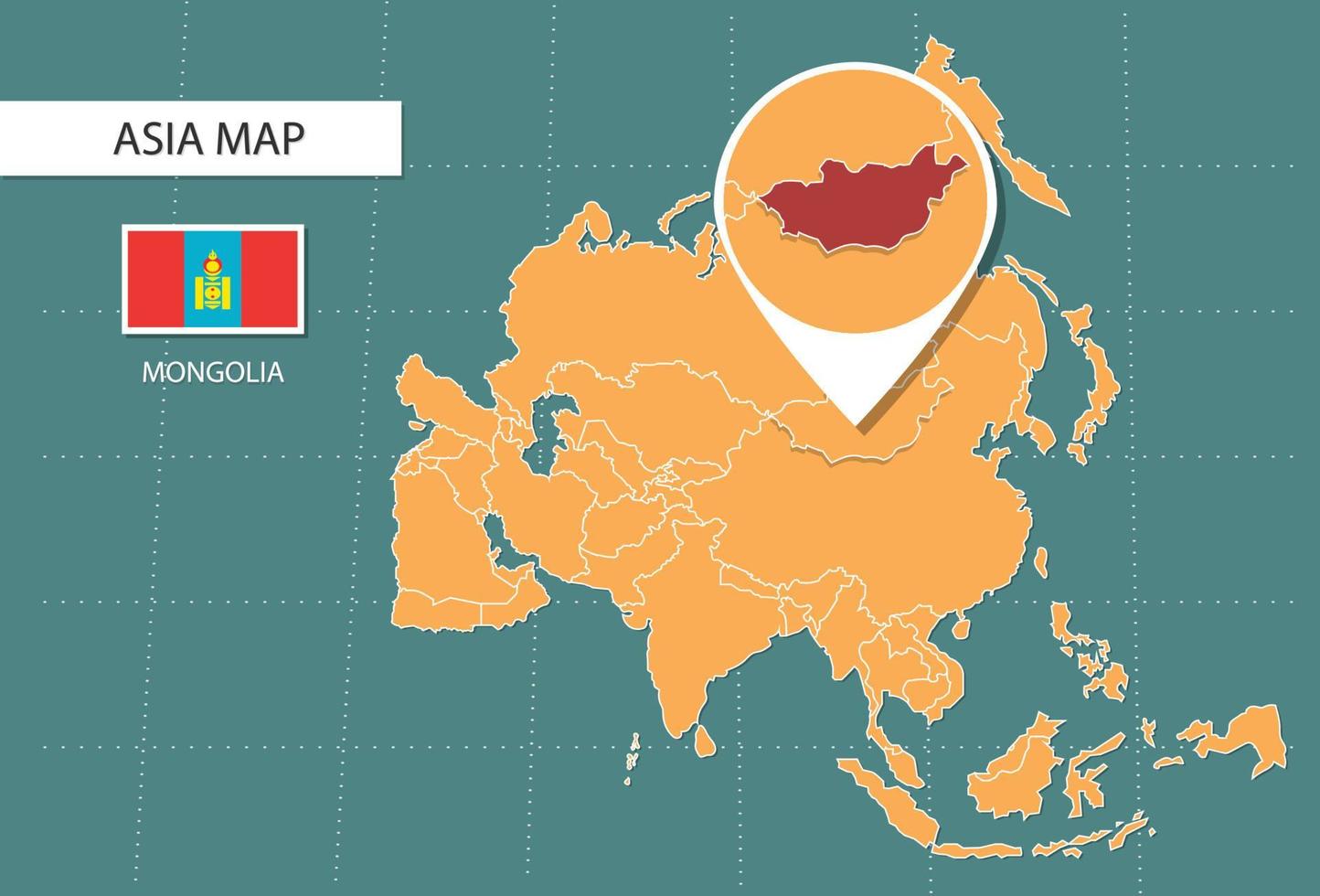 Mongolia map in Asia zoom version, icons showing Mongolia location and flags. vector