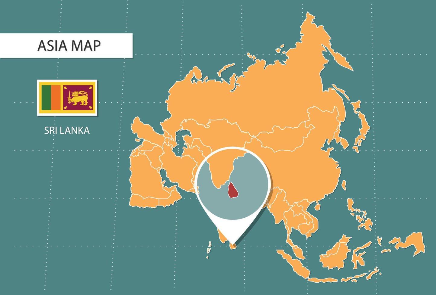 Sri Lanka map in Asia zoom version, icons showing Sri Lanka location and flags. vector
