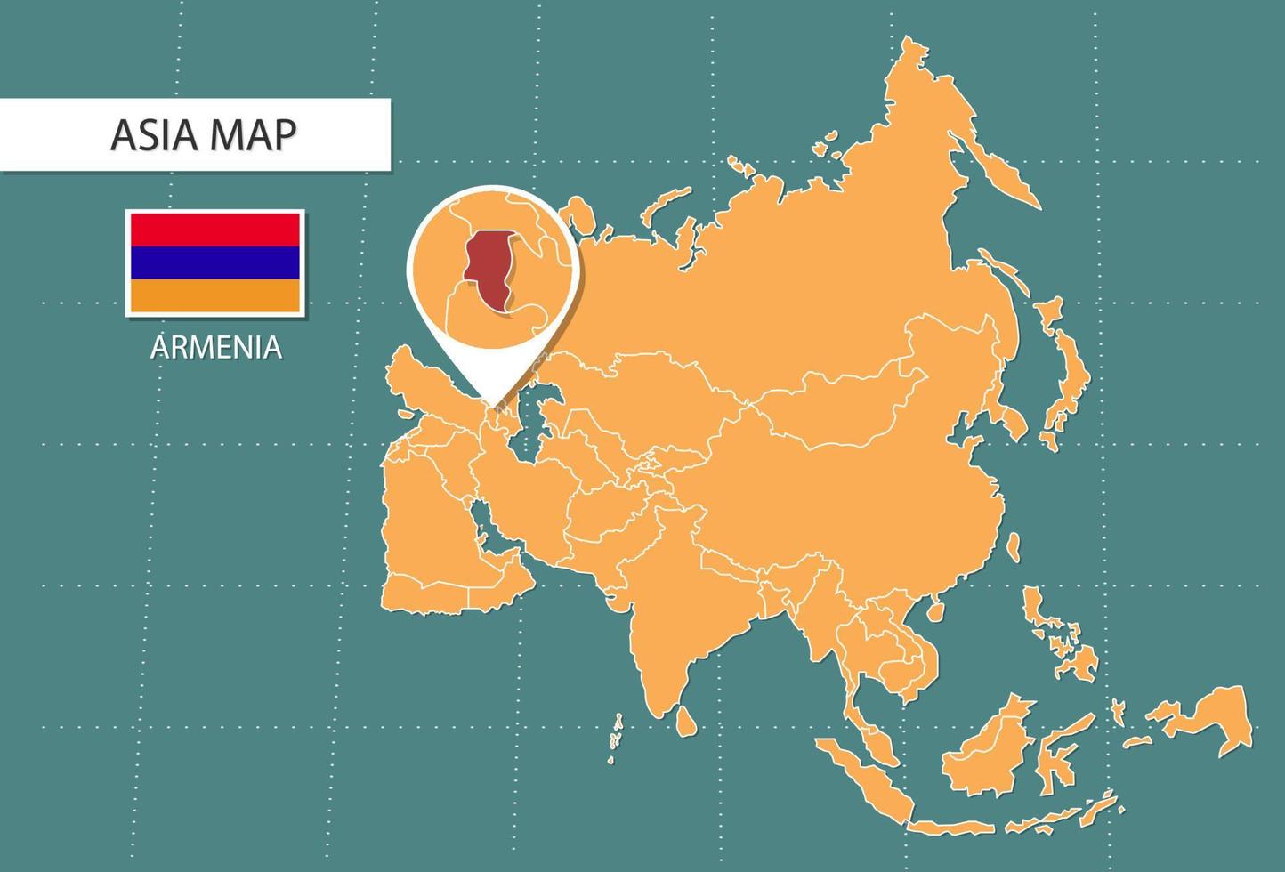 mapa de armenia en la versión de zoom de asia, iconos que muestran la ubicación y las banderas de armenia. vector