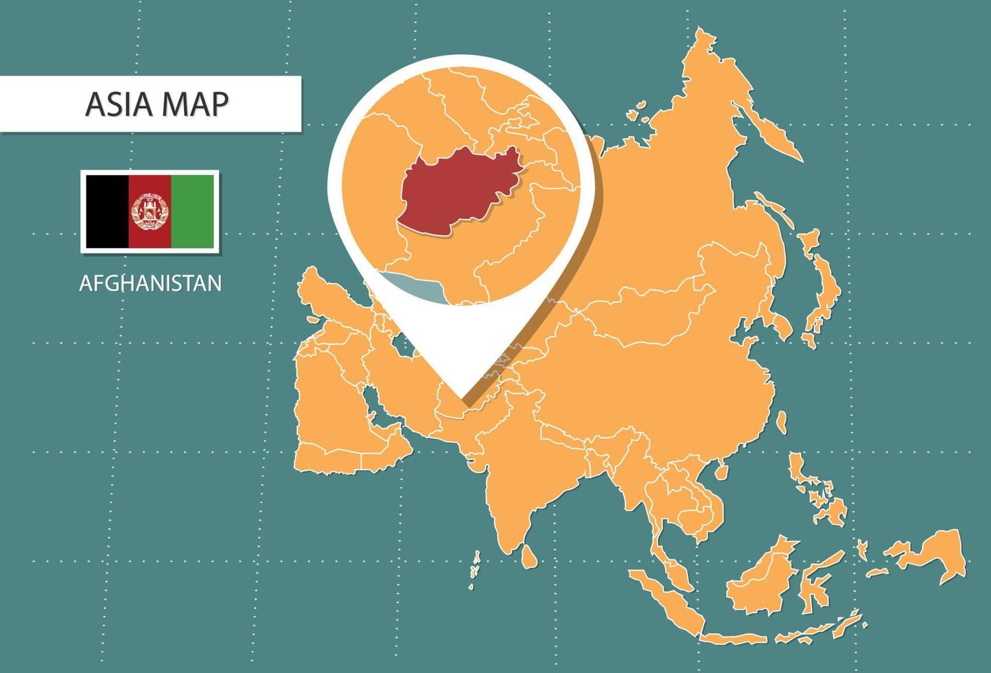 mapa de afganistán en la versión de zoom de asia, iconos que muestran la ubicación y las banderas de afganistán. vector