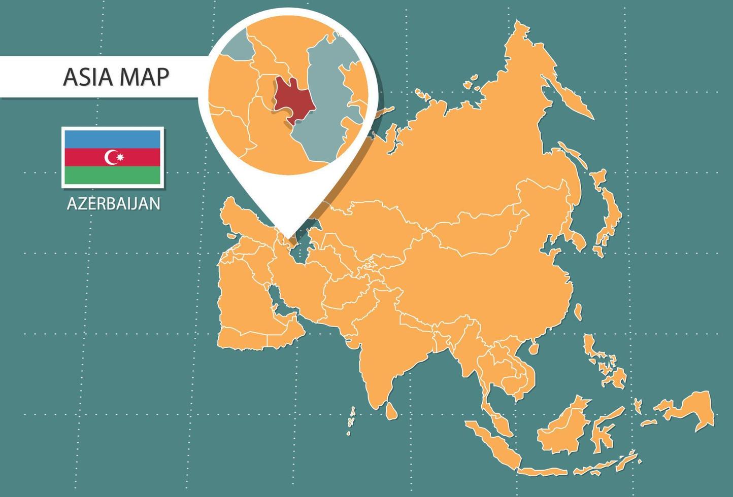 mapa de azerbaiyán en la versión de zoom de asia, iconos que muestran la ubicación y las banderas de azerbaiyán. vector