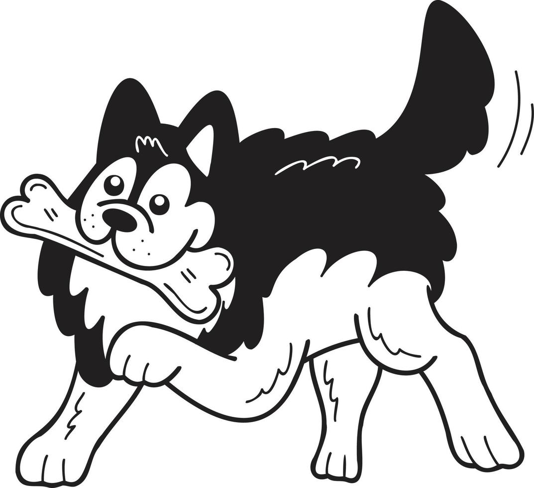 Hand Drawn husky Dog holding the bone illustration in doodle style vector