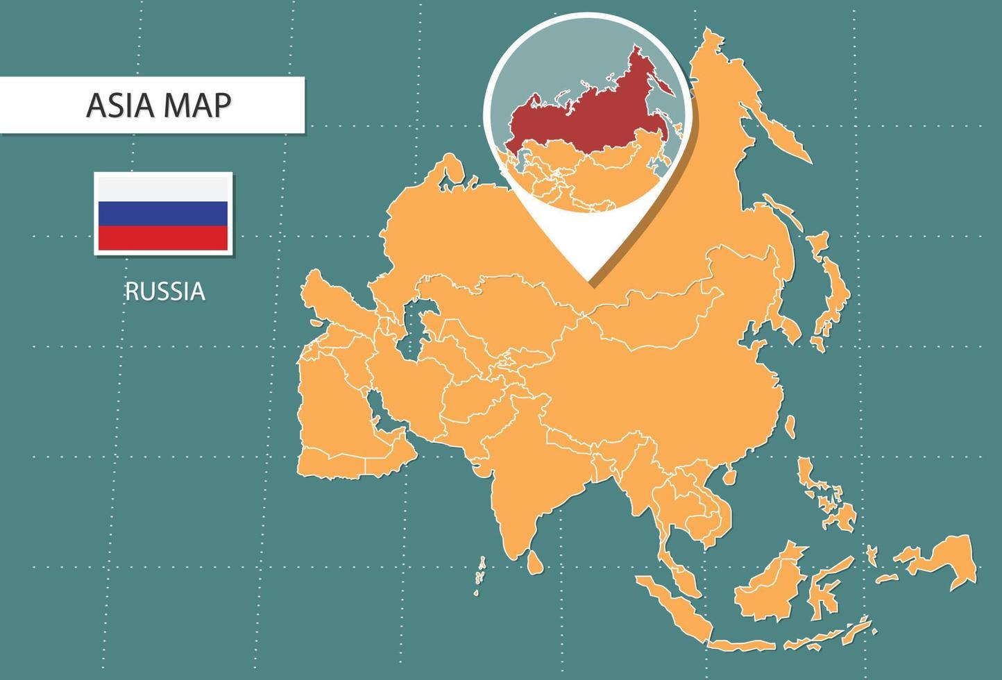 Russia map in Asia zoom version, icons showing Russia location and flags. vector