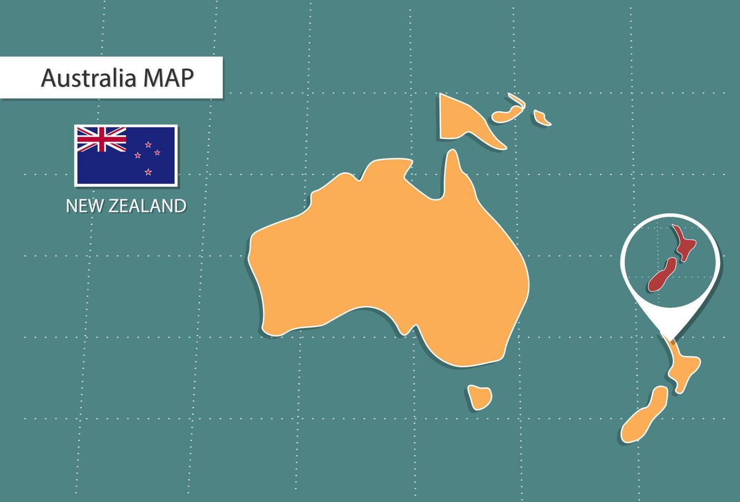 mapa de nueva zelanda en la versión de zoom de australia, iconos que muestran la ubicación y las banderas de nueva zelanda. vector