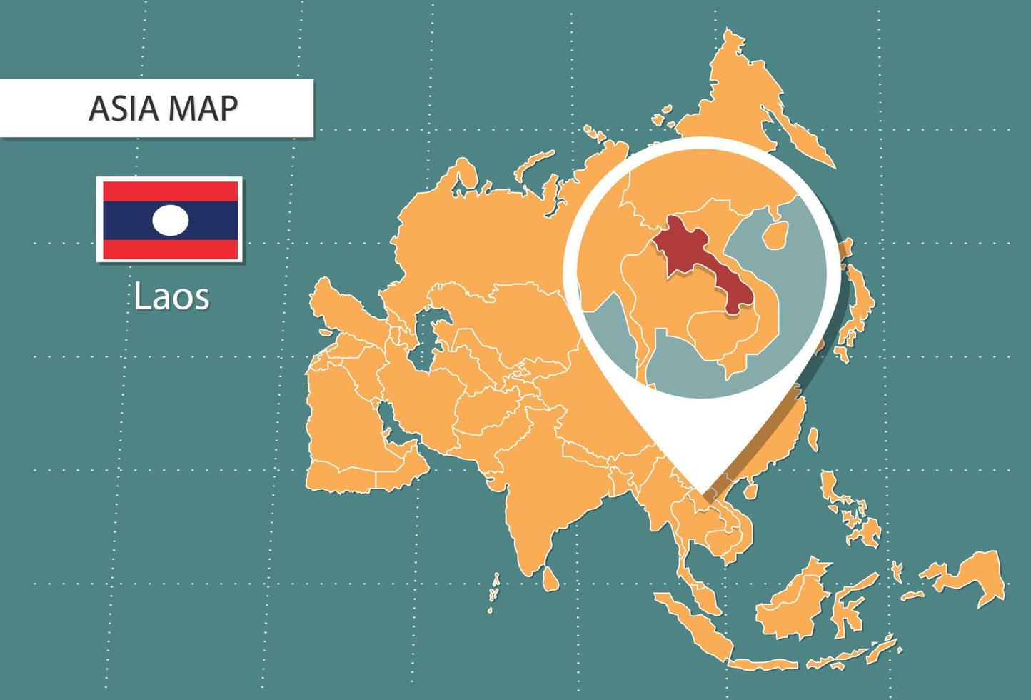mapa de laos en la versión de zoom de asia, iconos que muestran la ubicación y las banderas de laos. vector