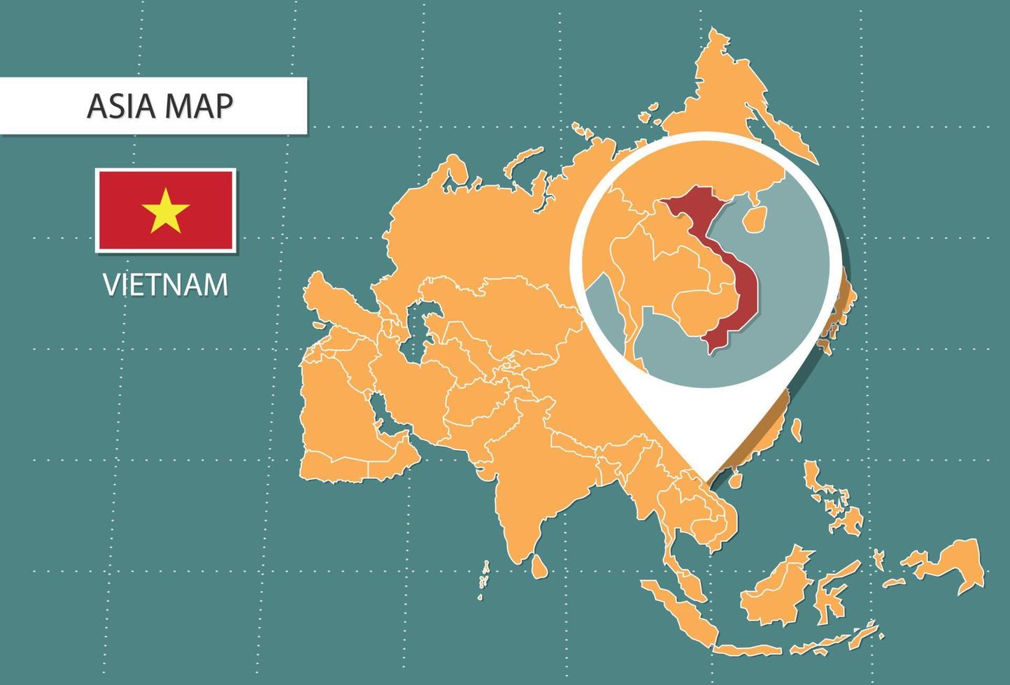 Vietnam map in Asia zoom version, icons showing Vietnam location and flags. vector