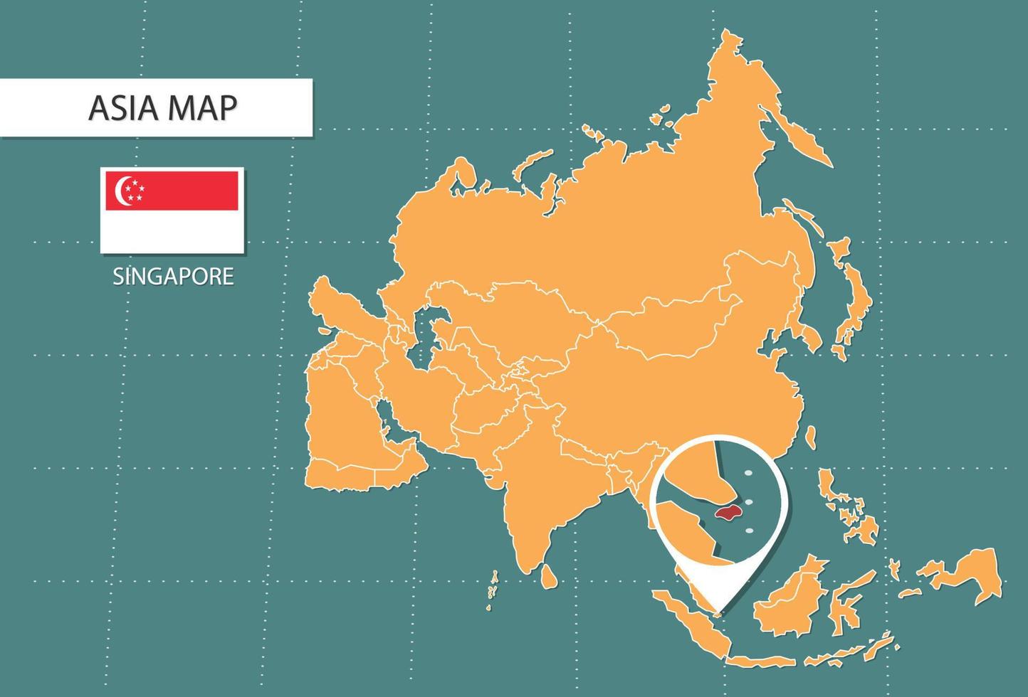 mapa de singapur en la versión de zoom de asia, iconos que muestran la ubicación y las banderas de singapur. vector