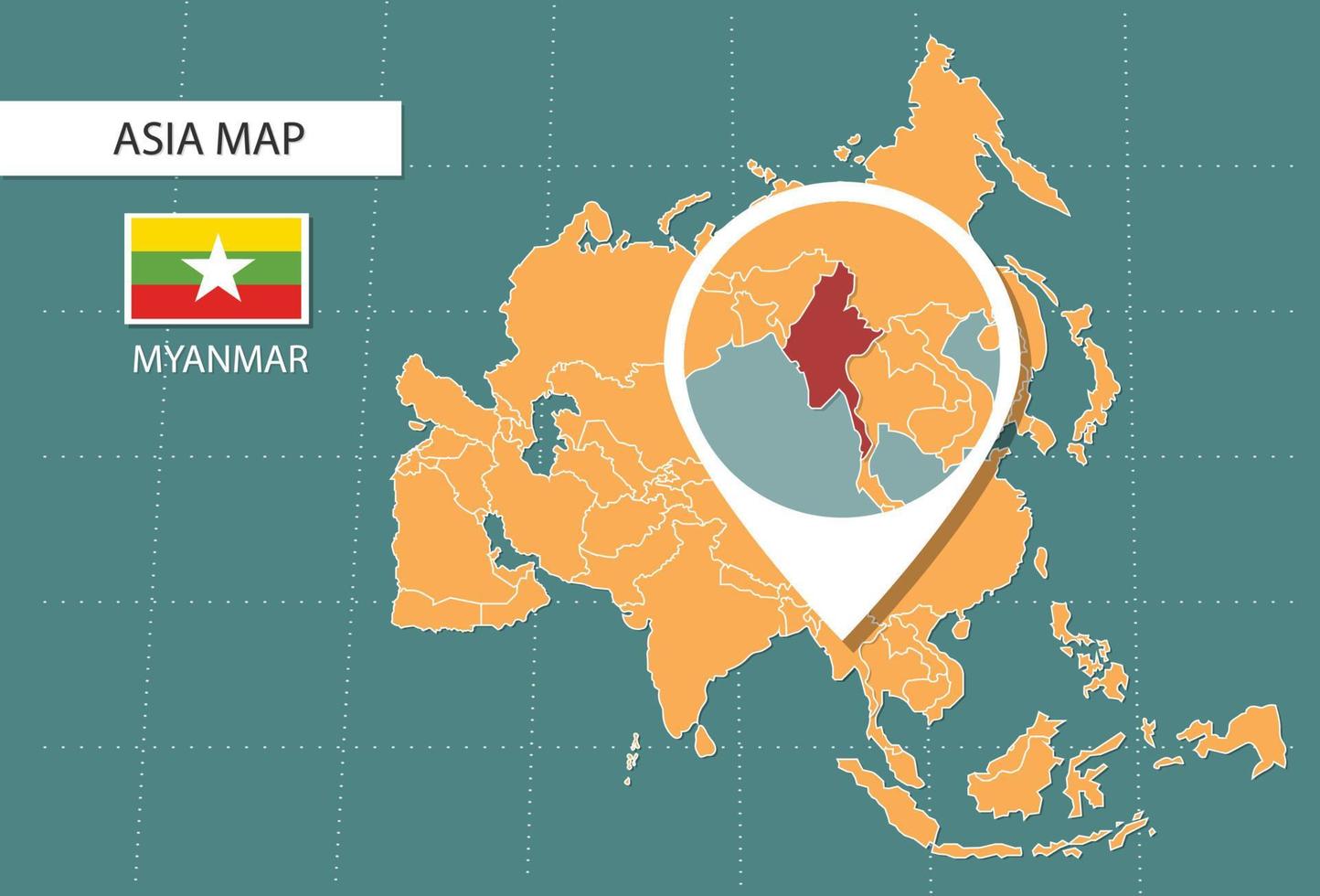 mapa de myanmar en la versión de zoom de asia, iconos que muestran la ubicación y las banderas de myanmar. vector