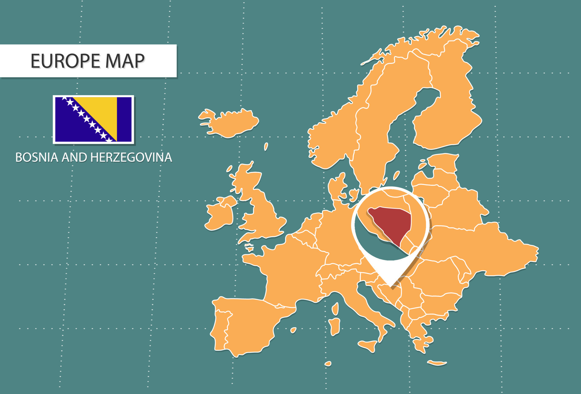 Bosnia and Herzegovina map in Europe zoom version, icons showing Bosnia and Herzegovina location