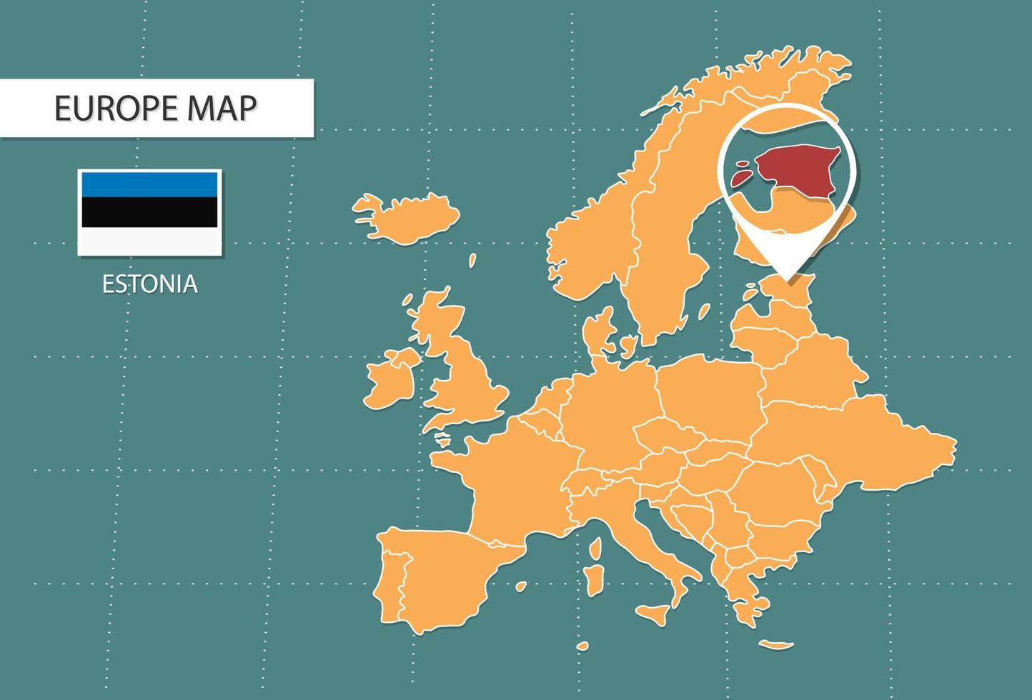 mapa de estonia en versión zoom de europa, íconos que muestran la ubicación y banderas de estonia. vector