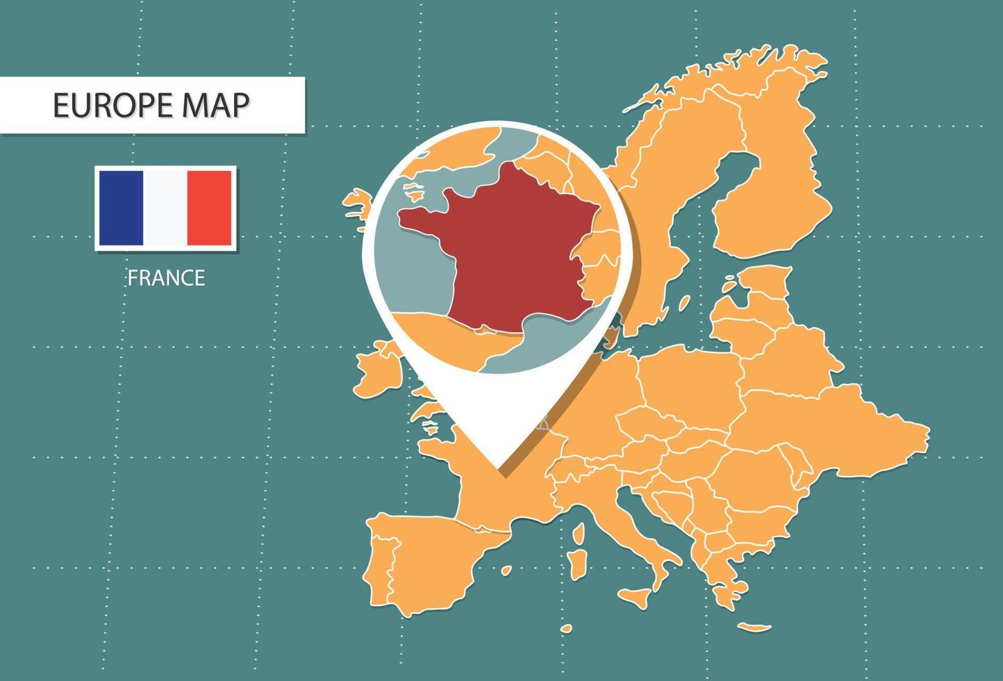 mapa de francia en versión zoom de europa, iconos que muestran la ubicación de francia y banderas. vector
