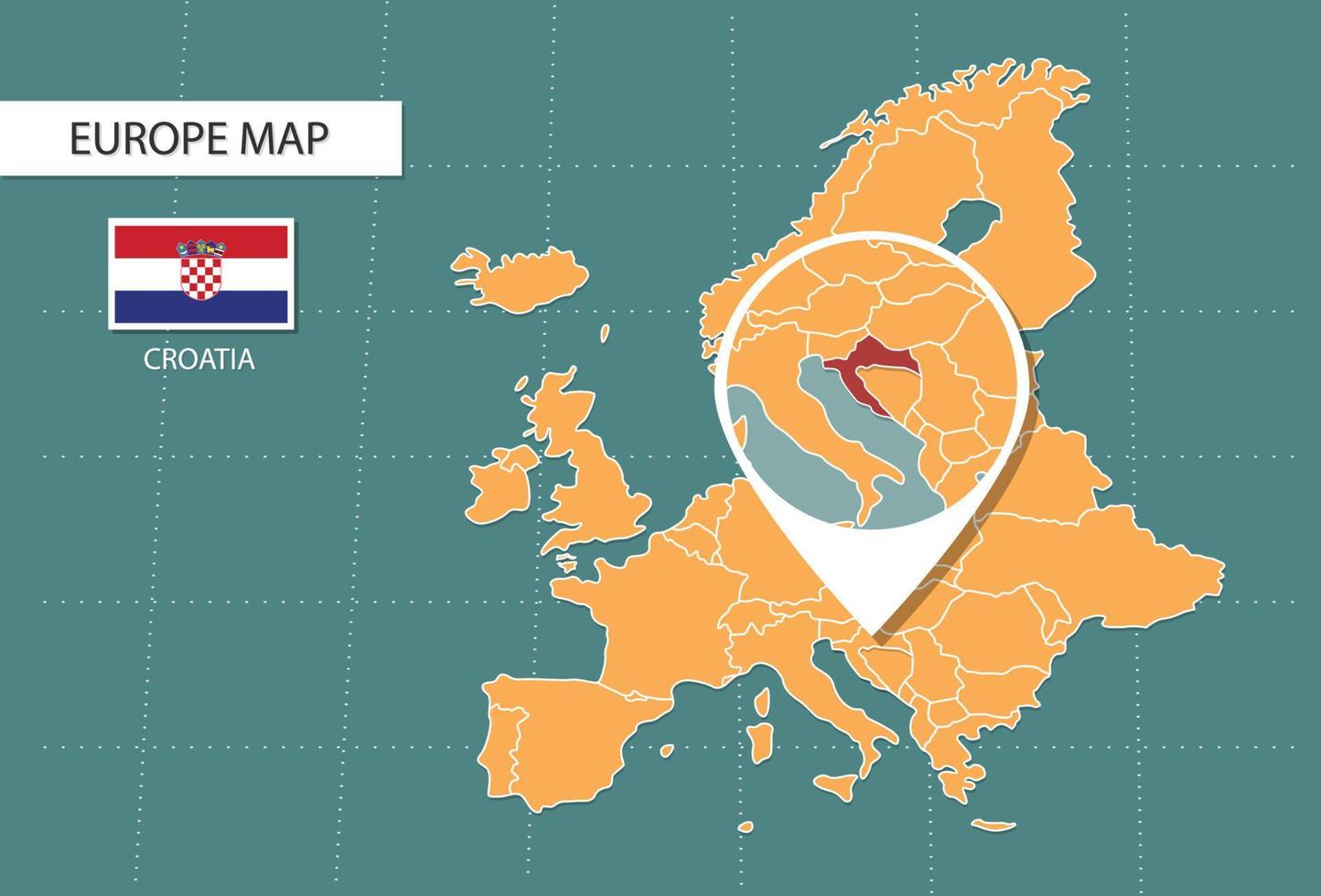 mapa de croacia en la versión de zoom de europa, iconos que muestran la ubicación y las banderas de croacia. vector