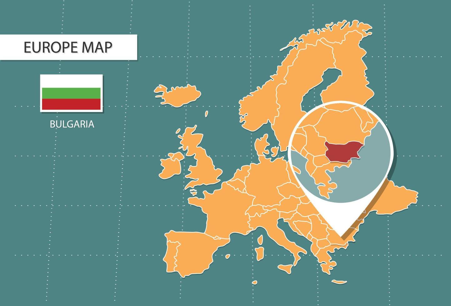 Bulgaria map in Europe zoom version, icons showing Bulgaria location and flags. vector
