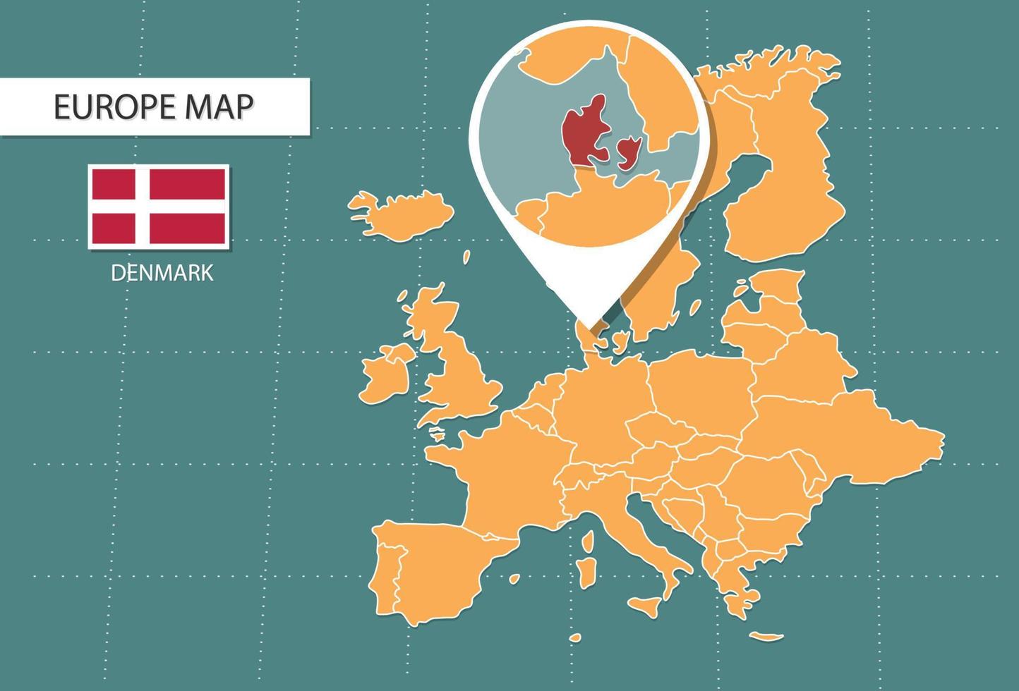 Denmark map in Europe zoom version, icons showing Denmark location and flags. vector