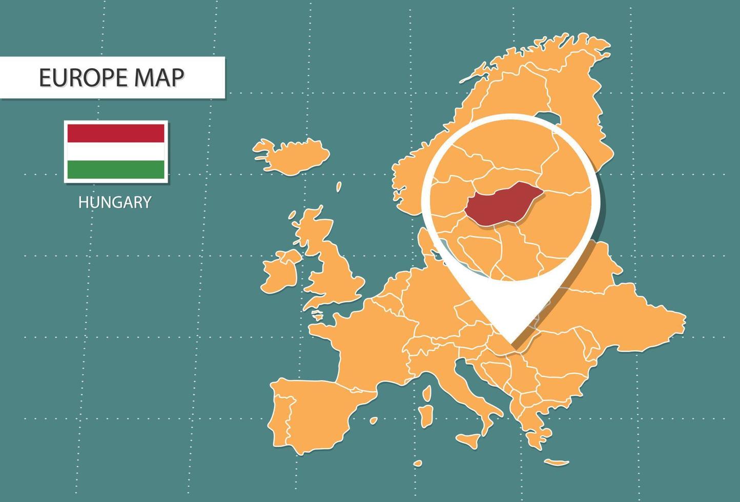 mapa de hungría en la versión de zoom de europa, iconos que muestran la ubicación y las banderas de hungría. vector