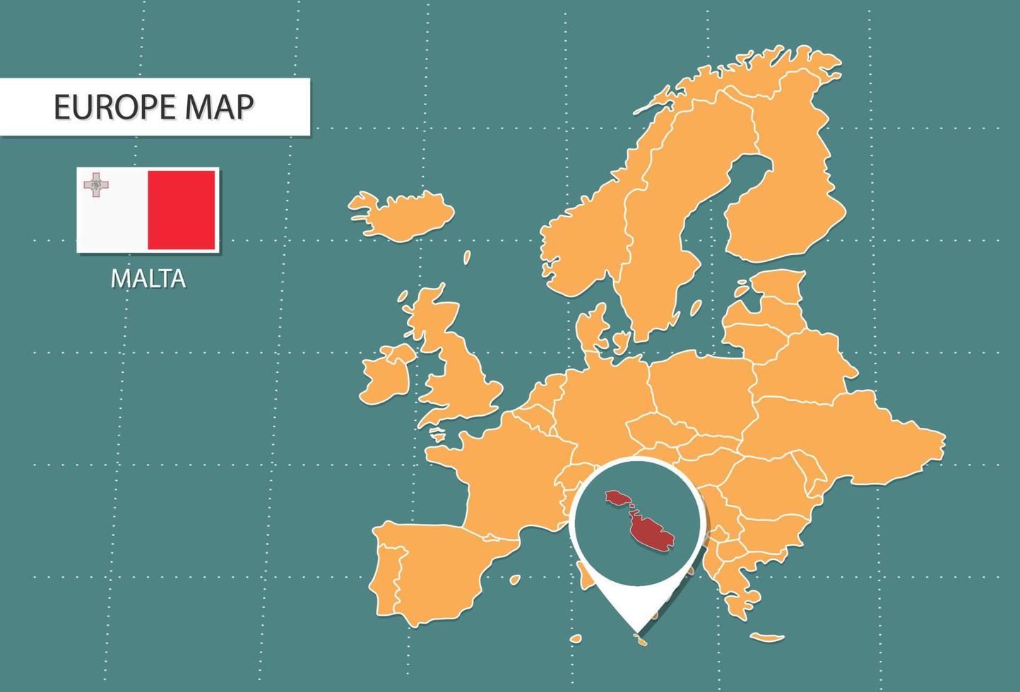 mapa de malta en versión de zoom de europa, iconos que muestran la ubicación de malta y banderas. vector