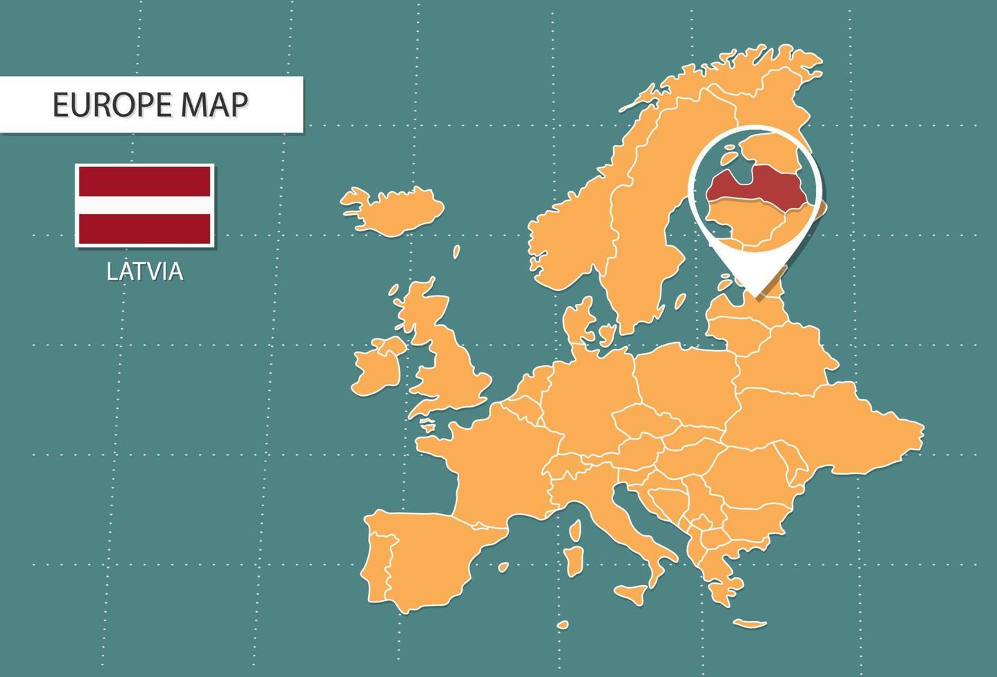 mapa de letonia en la versión de zoom de europa, iconos que muestran la ubicación de letonia y banderas. vector