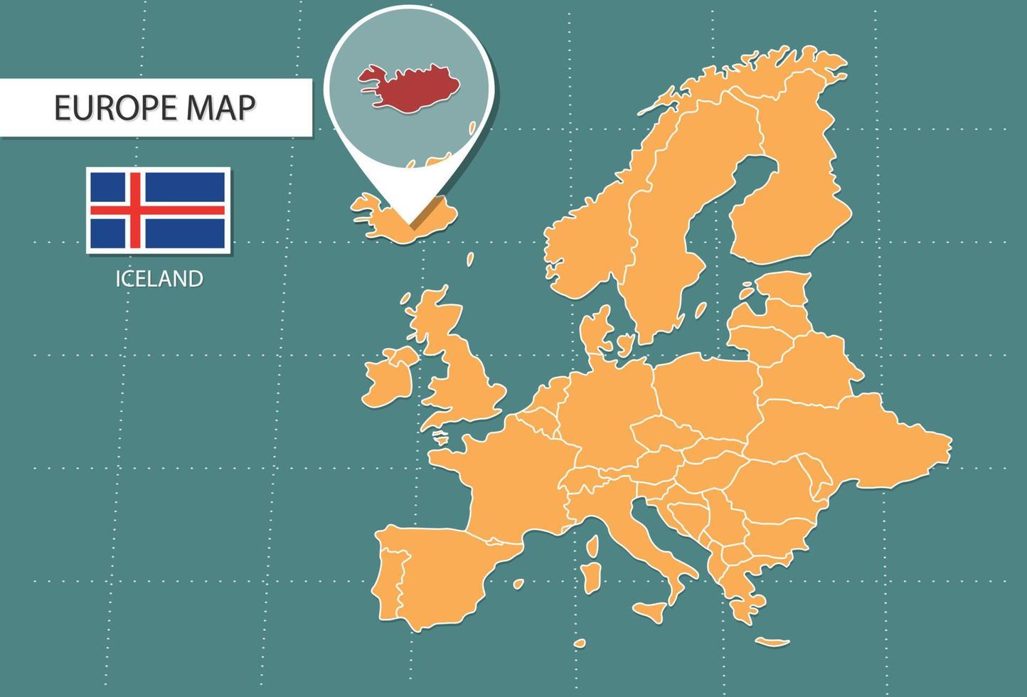 Iceland map in Europe zoom version, icons showing Iceland location and flags. vector