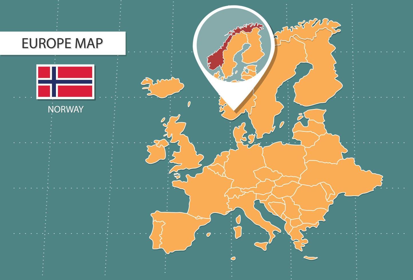 mapa de noruega en la versión de zoom de europa, iconos que muestran la ubicación y las banderas de noruega. vector