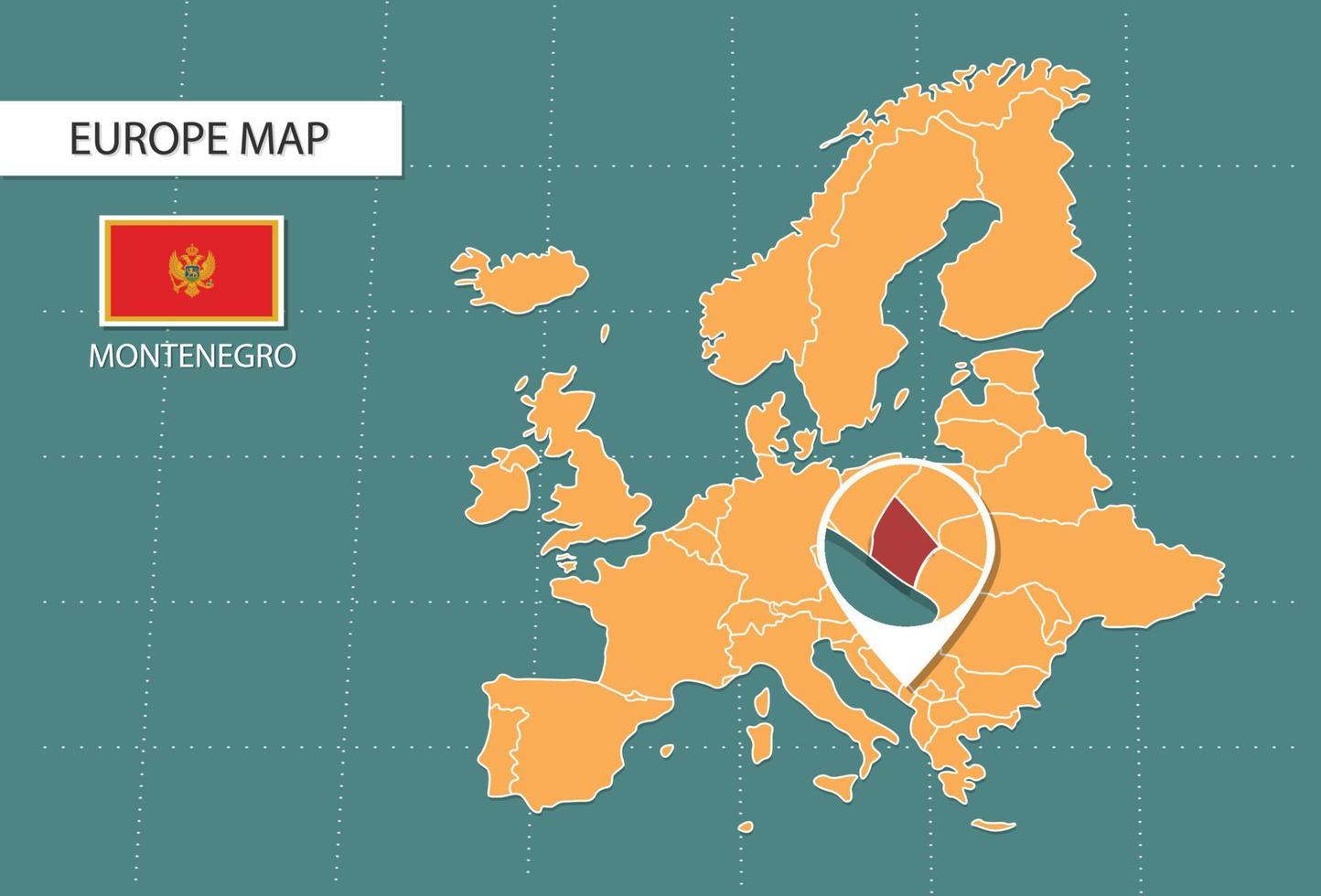 Montenegro map in Europe zoom version, icons showing Montenegro location and flags. vector