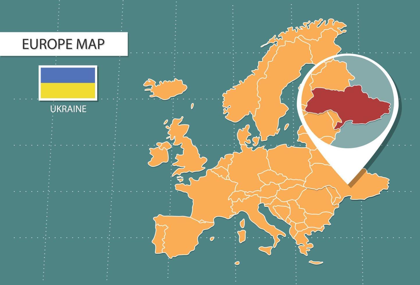 mapa de ucrania en la versión de zoom de europa, iconos que muestran la ubicación y las banderas de ucrania. vector