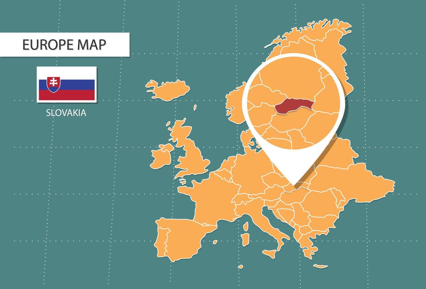 mapa de eslovaquia en la versión de zoom de europa, iconos que muestran la ubicación y las banderas de eslovaquia. vector