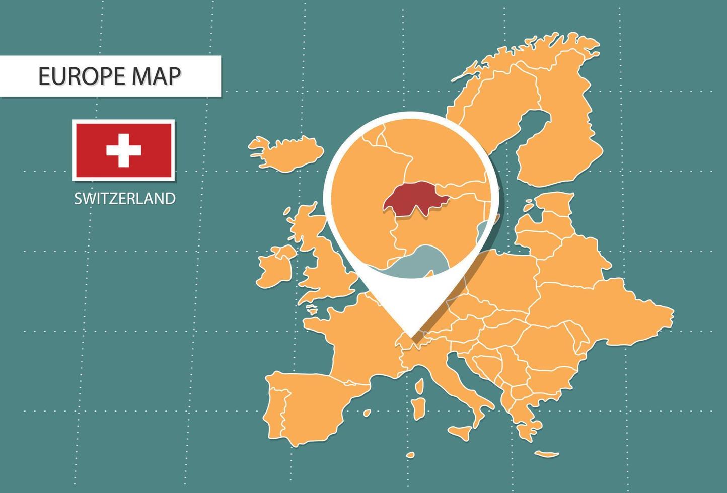 mapa de suiza en la versión de zoom de europa, iconos que muestran la ubicación y las banderas de suiza. vector