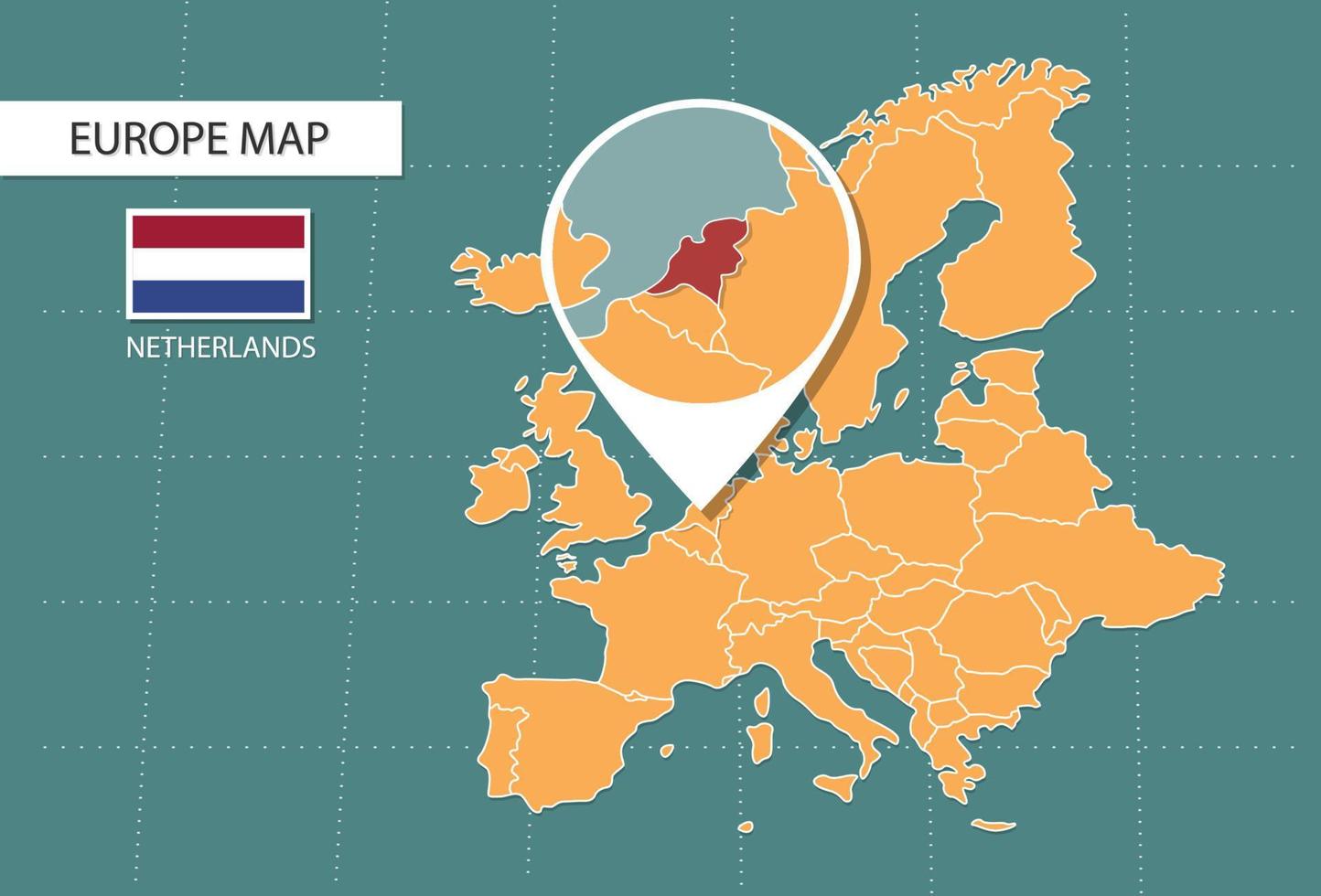 mapa de países bajos en la versión de zoom de europa, íconos que muestran la ubicación y banderas de países bajos. vector