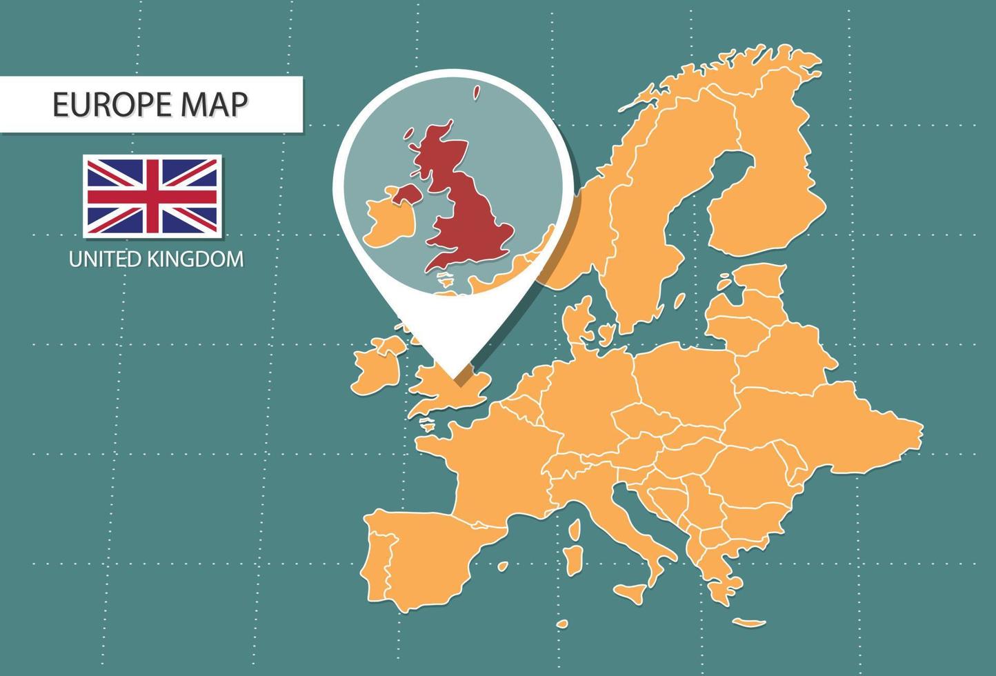 Mapa del Reino Unido en la versión de zoom de Europa, iconos que muestran la ubicación y las banderas del Reino Unido. vector