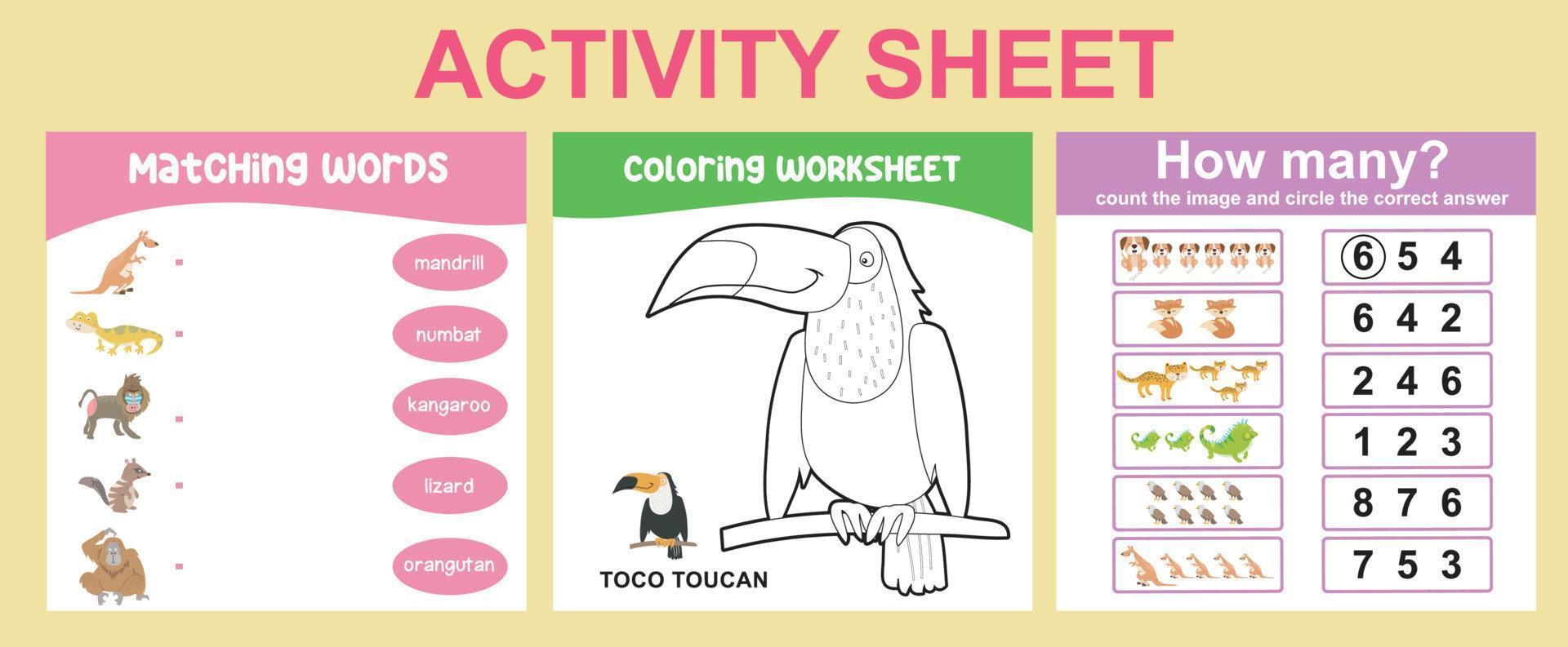 Educational printable worksheet. Activity sheet for children with animal theme. Coloring sheet, matching words, counting how many activity. Vector file.