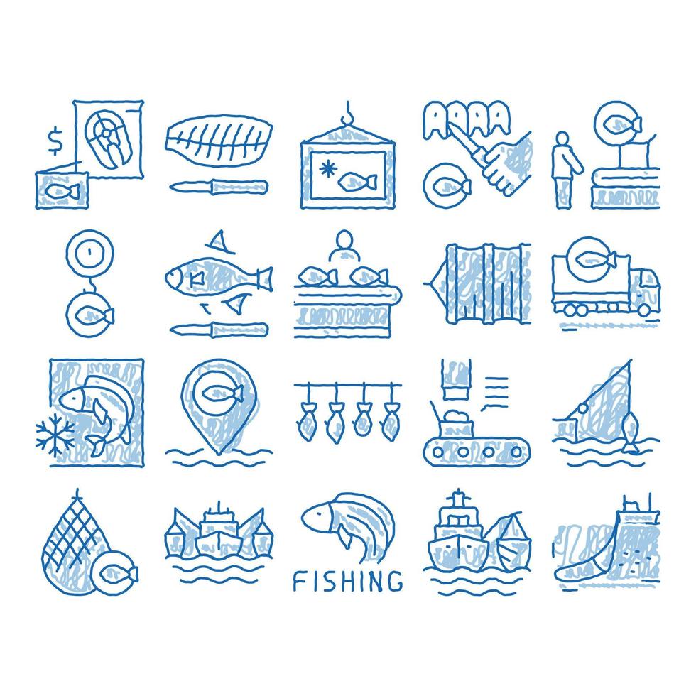vector de conjunto de iconos de proceso de negocio de la industria pesquera