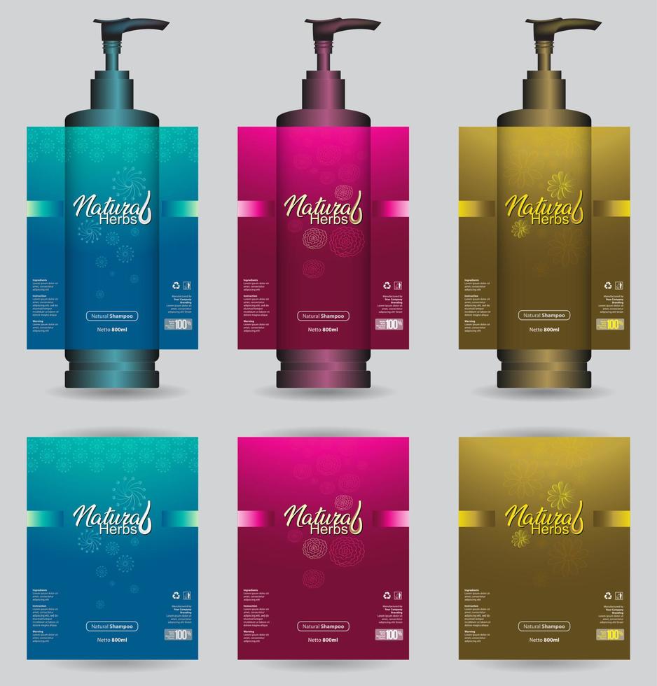 productos de embalaje diseño de cuidado del cabello, plantillas de botellas de champú en varios antecedentes vector