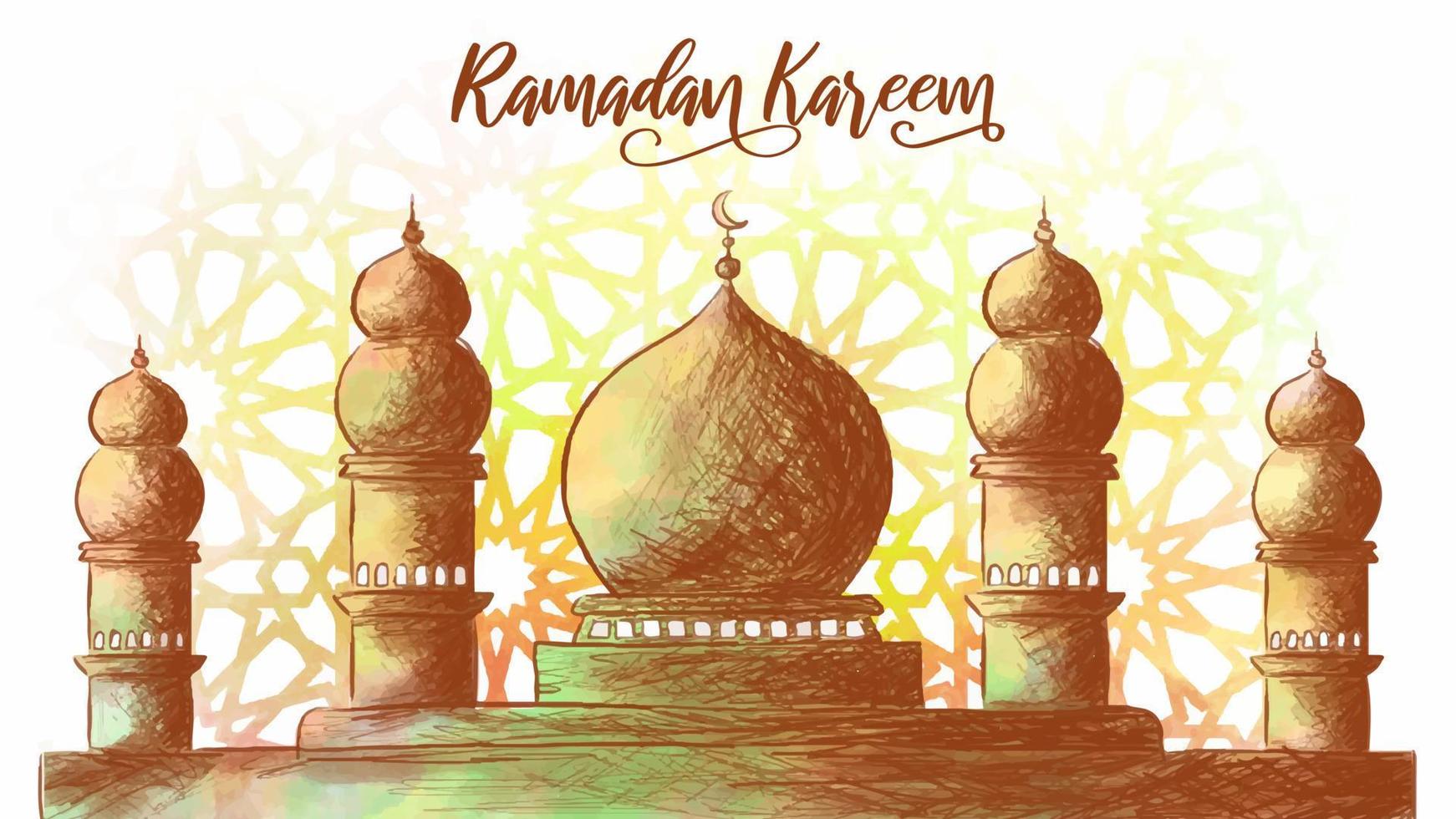 Beautiful mosque watercolor vector illustration with a Moroccan pattern background. Hand-drawn Islamic celebration background. Ramadan mosque painting