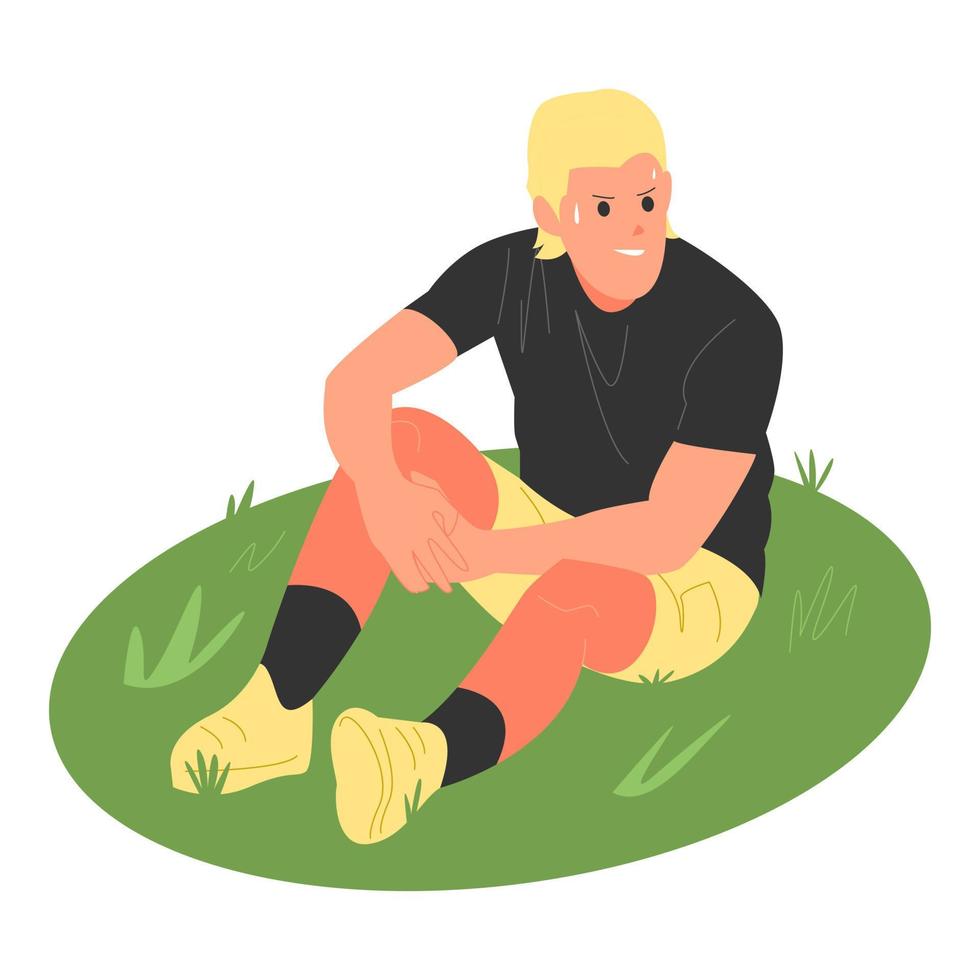 atleta masculino agotado después del entrenamiento. postura sentada. hombre sudando después del ejercicio, fitness, actividad. sentado en un campo verde, hierba. ilustración vectorial en estilo plano. vector