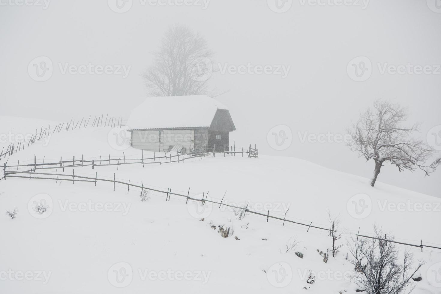 una abundante nevada en los cárpatos rumanos en el pueblo de sirnea, brasov. invierno real con nieve en el campo foto