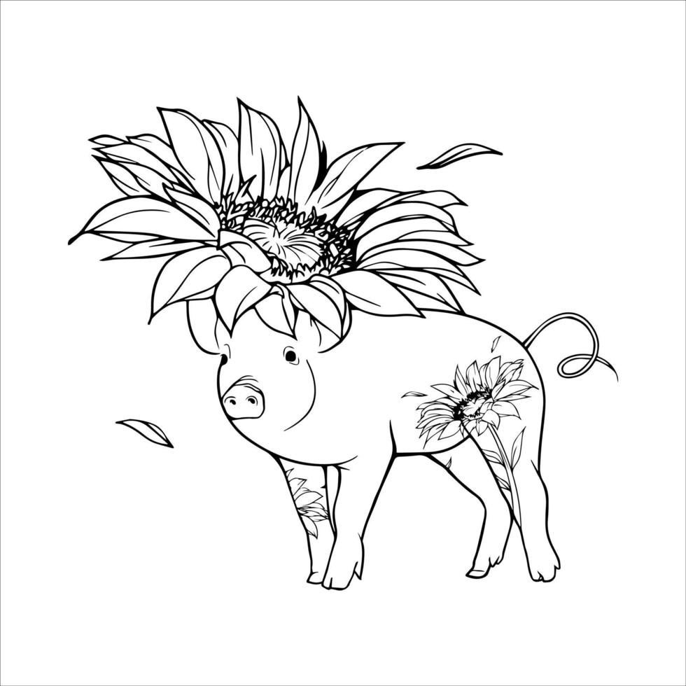 cool and artistic pig flower hat monster hand drawn. black and white. Perfect for your doodle design elements, murals, coloring books and others. vector