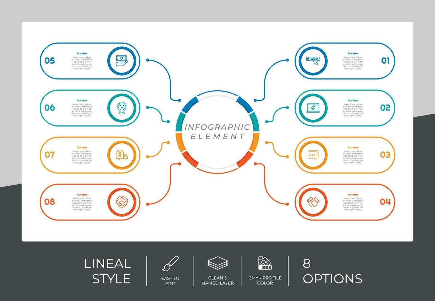 opción de círculo diseño vectorial infográfico con 8 opciones de estilo colorido para fines de presentación.la opción de línea infográfica se puede utilizar para negocios y marketing vector