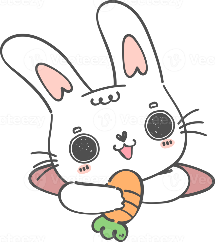 Cute happy smile white bunny rabbit with carrot in hole cartoon doodle animal character hand drawing png