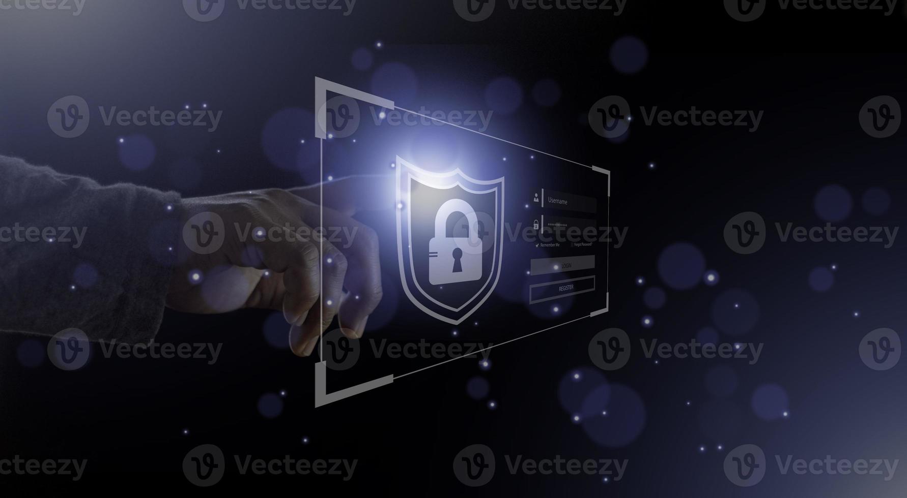 cyber security internet and networking concept. Businessman hand working with VR screen padlock icon on computer background photo
