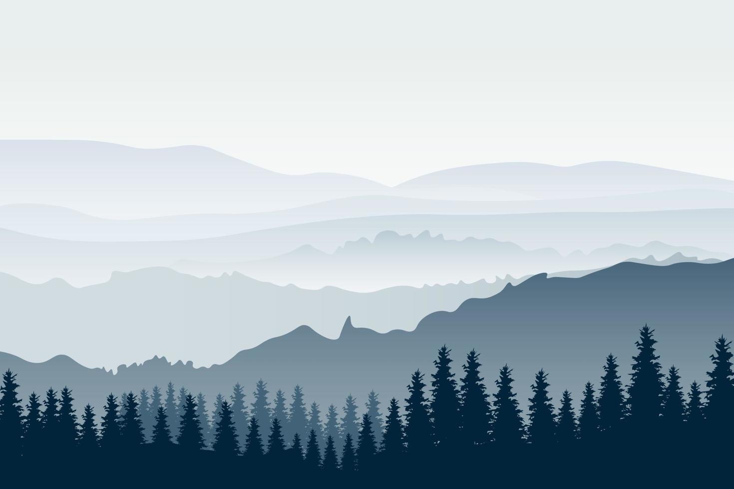 Horizontal mountain landscape with trees. Panoramic view of ridges and forest in fog, vector illustration.