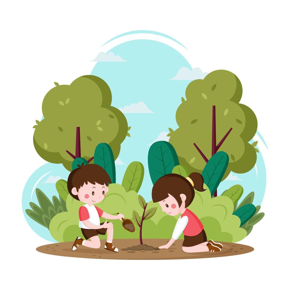 Happy Kids Planting Tree at Tu Bishvat Celebration vector