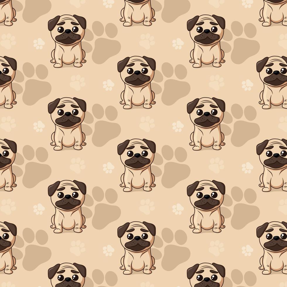 Cute pattern with cartoon Pug and paws. Pattern for packaging, wrapping paper, textile and etc. Vector illustration