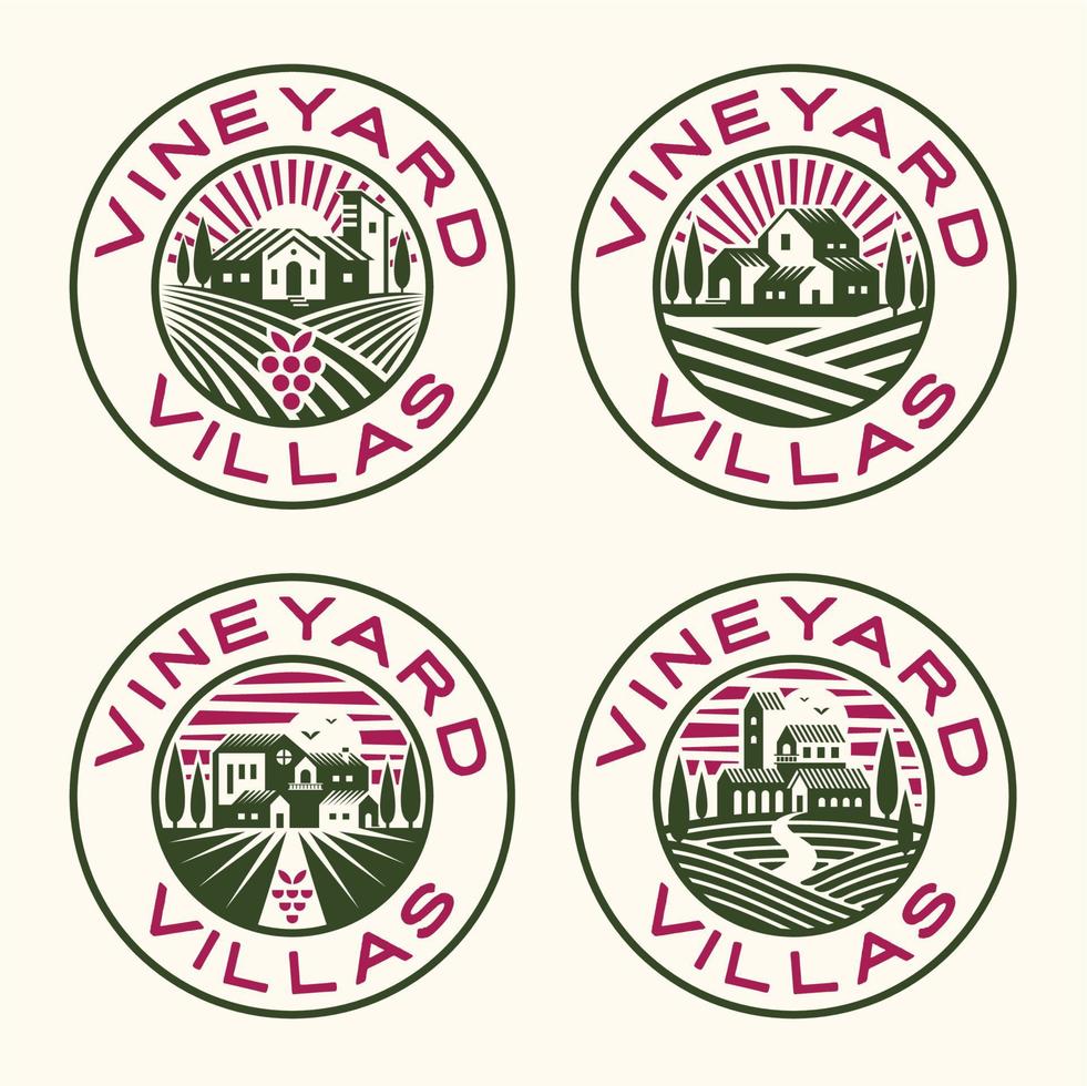 Vineyard Landscape with Houses Logo Emblem. Farm Grape fields with Houses Vector Illustrations