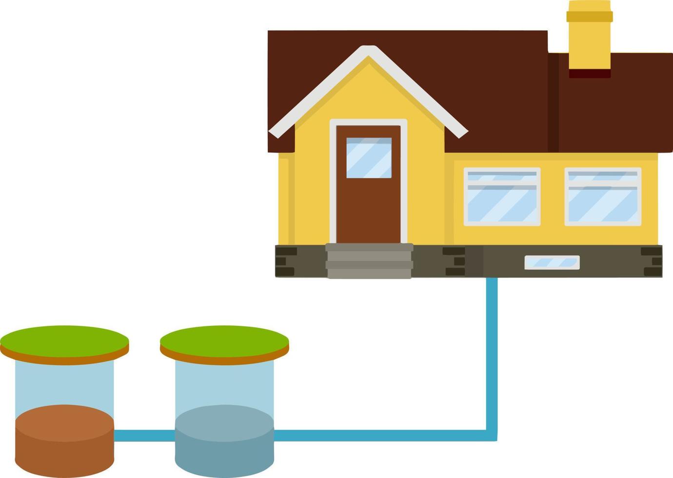 Scheme External network of suburban home sewage treatment system. house with red roof. Cartoon flat illustration. Pipe, septic tanks, drainage vector
